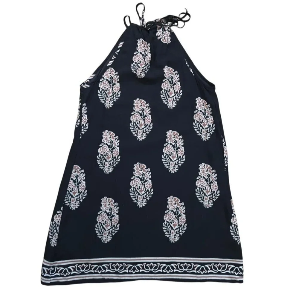 Black Floral Halter Dress Womens XS Sleeveless Tie Back Summer Boho Mini Dress